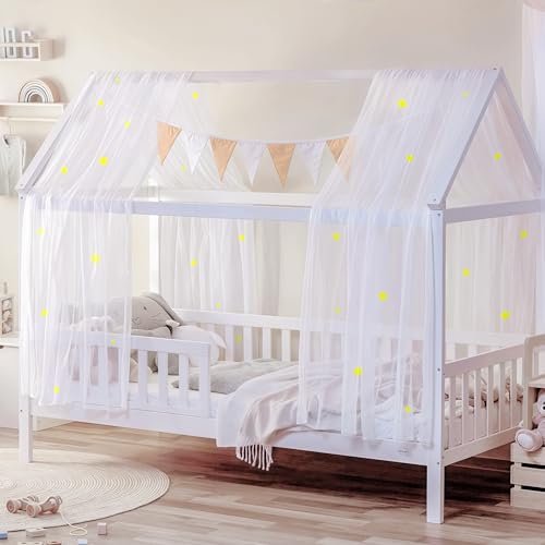 Hausbett Himmel Deko mit Leuchtenden Sternen, 2 Betthimmel & 1 Wimpelkette | Babybett Himmel für Kinderzimmer | Himmelbett Vorhänge für 90x200 & 120x200 Kinderbetten fürJungen/Mädchen(Weiß, 67x270cm)