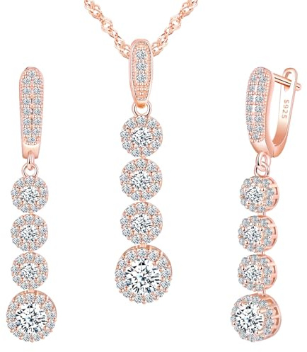 MICMIF Set di Collana e Orecchini Lunghi da Sposa, Parure Gioielli Zircone in Argento 925 per Donna, Orecchini a Goccia con Zirconi Collana con Ciondolo, Gioielli Elegante Catena 45cm