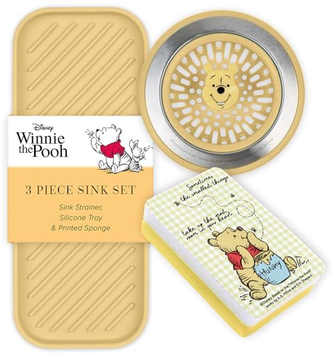 Disney - Juego de accesorios para fregadero de cocina 3 en 1, colador de drenaje para fregadero, esponja y bandeja de silicona para fregadero, con Stitch y Winnie The Pooh