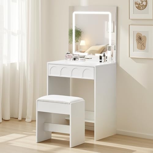 TUKAILAI Schminktisch mit Beleuchtung, Schminktisch Klein mit Spiegel, Platzsparende Kleine Schminkkommode, Kosmetiktisch für Wohnung, kleines Zimmer, Weiß