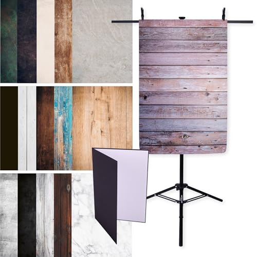 All in One Flatlay-Bundle – 15 Fotohintergründe 84×60 cm beidseitig, inkl. Hintergrundhalter & A4 Reflektor – Studio Set für Food, Produkt & DIY Fotografie – ideal für Zuhause & Studio