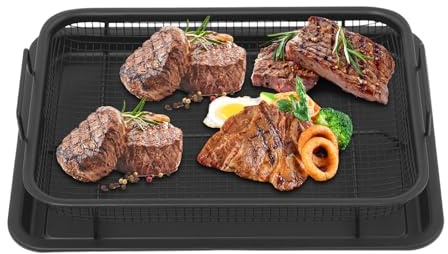 Lot de 2 paniers croustillants pour four, avec grille et bac de récupération, plaque de cuisson antiadhésive pour friteuse à air chaud, panier pour légumes et frites, 32,5 cm, noir