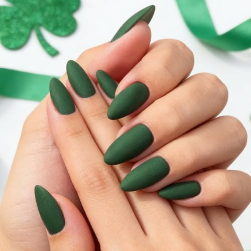 24Pcs Shimmer Dark Green Cat Eye Press On Nails, Medium Almond Glue On Nails with Star Design for Women’s Party, Holiday & Daily Wear (3D Stereo Style) (Soft Matte Green)