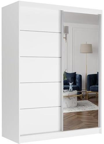 Easy4You Krudox Weiß 150 cm Schiebetürenschrank Kleiderschrank mit Spiegel Schlafzimmermöbel Mehrzweckschrank mit Kleiderstange Schrank für das Schlafzimmer