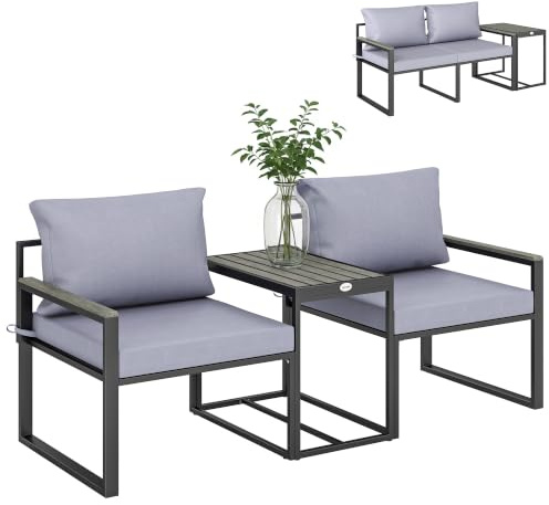 Outsunny 3-teiliges Balkonmöbel Set 2 Sessel mit Tisch, aus Stahl, Grau | Abnehmbar Sitz-& Rückenkissen, Atmungsaktiv Bezug, Garten Bistro Set, Outdoor Sitzgruppe für Garten Terrasse