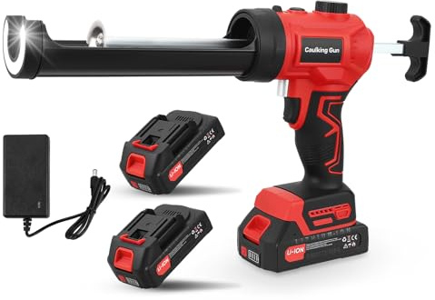 Pistola Silicone a Batteria, 300ML Pistola a Cartuccia Elettrica con Velocità Regolabile 50-210 mm/min, Pistola per Silicone a Batteria con 2 Batterie da 2,0 Ah, Luce LED, Antigoccia per Sigillatura