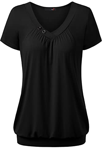 DJT Damen Sommer Casual Basic T-Shirt Kurzarm V-Ausschnitt mit Knopf Deko Elegant Falten Tuniken Oberteile Tops Schwarz L