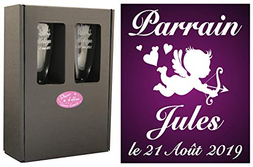 2 Flûtes à Champagne Gravées Modèle Ange avec Boîte Cadeau - Cadeau Parrain ou Marraine – Verre de Baptême Communion – Coupe de Champagne personnalisée (demande annonce naisance)