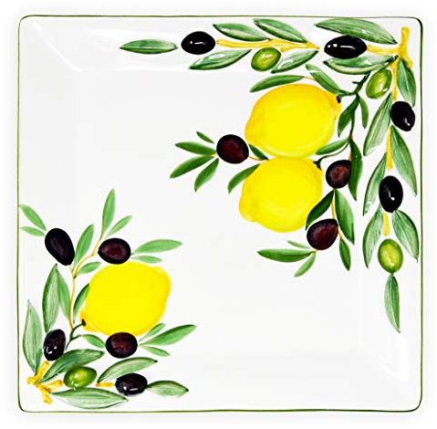Lashuma Italienische Servierplatte mit Reliefdekor, Keramikteller Motiv: Zitrone Olive, Quadratische Salatplatte 27x27 cm