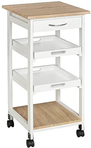 HOMCOM Servierwagen Küchenwagen mit Rollen 2 abnehmbare Tabletts, Schublade, Regal helle Eiche Holz Kiefer weiß