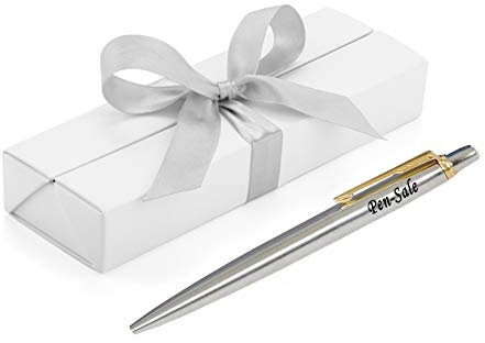 Personalised Engraved Parker Jotter Stainless Steel Gold Trim Ballpoint Pen in a White Box with Silver Ribbon, Black ink, Custom Gifts for Christmas - Enter Your Custom Engraving
