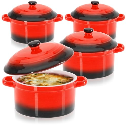 COM-FOUR® 4X Cazuela con Tapa de Cerámica - Cuenco de Postre para, por Ej., Aleta Ragú en Rojo, 250/175 ml por Plato (4 piezas - rojo)