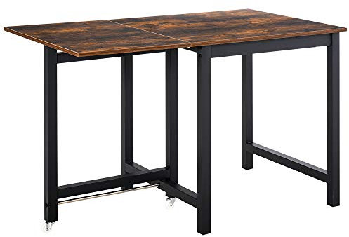 HOMCOM Folding Dining Table, Industrial Drop Leaf Table with Wheels and Metal Frame for Kitchen, Dining Room, Space Saving, Rustic Brown