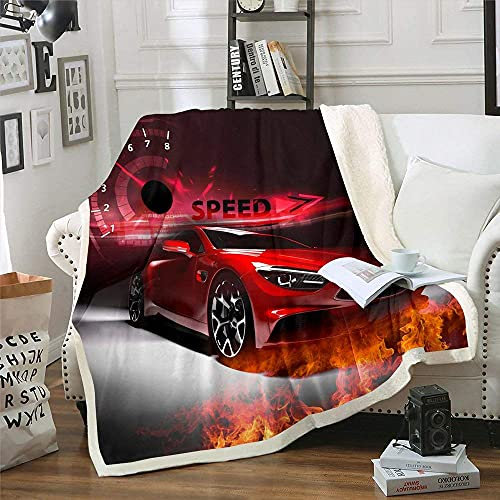 Homewish Rennauto Werfen Decke 150×200,Extreme Sport Sherpa Decke,Geschwindigkeit Sportwagen Plüsch Bettdecke für Kinder Jungen Teens,Automobil Rote Flamme Fleece Decke für Schlafzimmer Sofa Couch