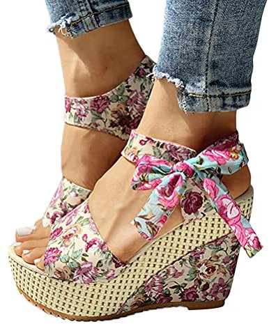 Tomwell Chaussure Mode Sandale Femme Sandales à Compensées Plates Plateforme en Cuir Synthétique Sandales à Bout Ouvert Confortable Cales De Paille Casual Eté Rome Sandales Z Rose 39 EU