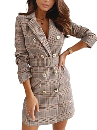 Onsoyours Blazer Kleid Damen Winter Kariert Mantel Langarm Elegant Zweireihig Anzugkleid Blazerkleid mit Gürtel Slim Fit V-Ausschnitt Business MiniKleid