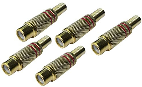 AERZETIX - C52751 - Juego de 5 enchufes/Conectores RCA Hembra Dorados con Muelle/Protector de Cable y 2 Anillos de Seguimiento Rojo - Longitud 43mm - para soldar - Color Oro