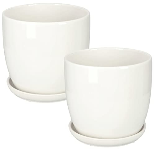Kotarbau® - Vaso da fiori in ceramica per piante con vassoio antigoccia, diametro di 17 cm, colore bianco, set da 2