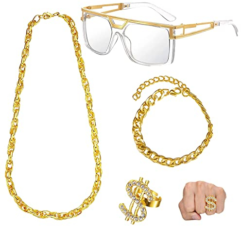 4 teilig Pilotenbrille zu Fasching Karneval,Gangster Kette & Brille Gold,Dollar Ring Gold,Hippie Accessoires Goldkette,Herren Vergoldet Hip Hop Halskette,70er 80er 90er Jahre Bekleidung Accessoires