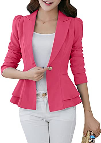 OMZIN Blazer Femme Ouvert sur Le Devant Veste en Tricot Manches 3/4 Veste Cintrée Bureau Décontracté Blazer Court Rose XL