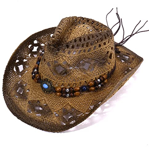 TBEONE Chapeau de Cowboy Western pour Femmes - Extérieur Ombre Respirante en Paille Creuse - Mode Vacances Plage Naturel d'Été