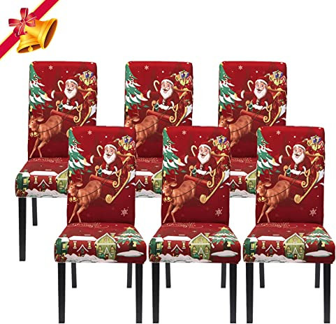 Jaotto Stuhlhussen Weihnachten 6er Set Universal,Stuhlhusse Stretch Moderne,Stuhlhussen Schwingstühle Elastische Langlebig Stuhlhussen für Feiertagsdekoration Weihnachten(Rotwein/Xmas,6 Stück)
