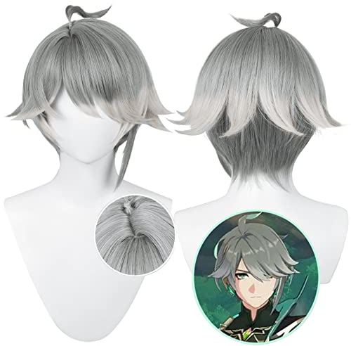 Cosplay-Perücke für Sumeru Anime-Perücken Kurzes Lockiges Grau und Weiß Verlauf Synthetikstoff mit Perückenhaube für Comic Con, Cosplay Show, Halloween