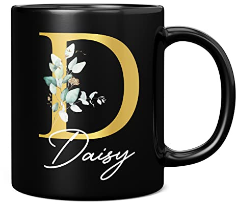 Personalised Letter D Floral Mug Initial with Name, Customised Gift, Gold Effect Printed Letter, NOT Metallic - Ceramic Coffee Cup for Men or Women, Extra Large and Giant Mug, 11oz Black Cup