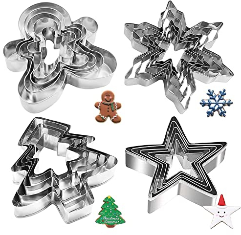 Juego de 20 moldes de acero inoxidable, cortador de galletas, cortador de galletas, cortador de jengibre, estrella de copo de nieve, árbol de Navidad