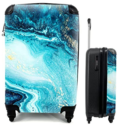MuchoWow© Koffer Handgepäck Trolley Rollkoffer Kleine Reisekoffer mit 4 Rollen - Marmoroptik - Blau - Gold - Luxe - Glitzer - Marmor - Cabin Size < 55x40x23 & 55x40x20 cm - Fotokoffer - Kabinenkoffer