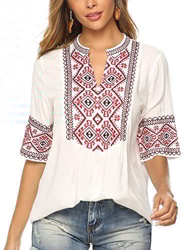 Seasonal Ukraine Chemisier d'été pour Femme Tunique bohème Broderie Folklore Tops Boho Hippie Manches Courtes Lâche Haut 073-Blanc,L
