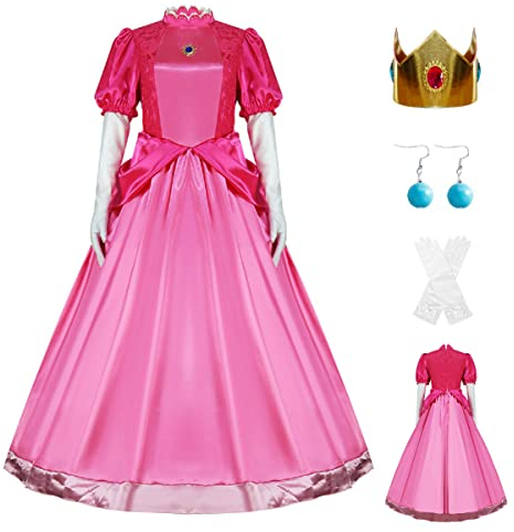 AYYOHON Prinzessin Pfirsich-Kostüm für Damen, 2023, Superbrüder, Cosplay, Kleid, Krone, Ohrringe, Handschuhe, komplettes Set, Erwachsenen-Halloweenanzug, Größe XXL
