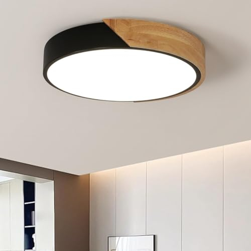 Comely 30 W Lampara de Techo Madera Redondo, Plafon LED Techo Moderno Luz blanca natural 4500 K, Lamparas LED Techo Negro para Sala de Estar Dormitorio Cocina