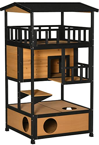 PawHut Wooden Outdoor Cat House 3-Tier Kitten Shelter w/Tilted Roof Yellow