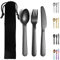 Evanda Ensemble de couverts portatifs noirs, y compris cuillère de fourche à couteau, couverts de camping plaqués titane noir avec sac, pour l’extérieur, photo, camping, voyage, lave-vaisselle