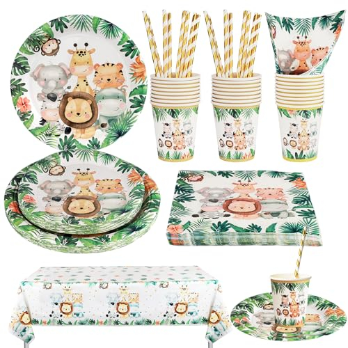 Lot de 101 pièces de vaisselle pour anniversaire d'enfant - Décoration d'anniversaire jungle - Assiettes en carton - Gobelets - Pailles - Serviettes de fête d'anniversaire garçon pour 20 invités