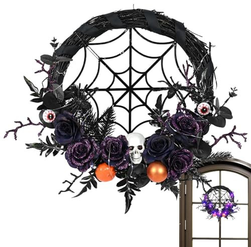 Halloween Türkranz, LED-Leuchten Totenkopfkranz mit künstlichem Rosen-Augapfel, Gruseliger 18-Zoll-Girlande schwarzer Halloween-Kranz für Halloween-Party-Dekoration, Indoor-Outdoor-Haus Aznever