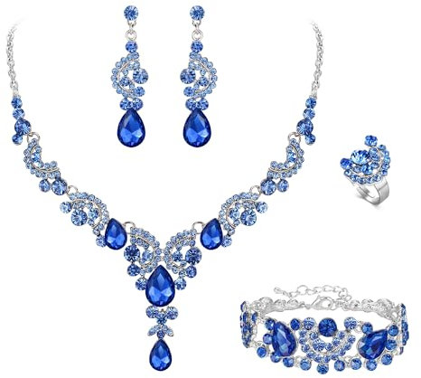 EVER FAITH 4 Stück Schmucksets für Damen Party Hochzeit Braut Strass Kristall floralen Welle Teardrop Halskette baumeln Ohrringe Armband Ring Set Hellblau Silber-Ton