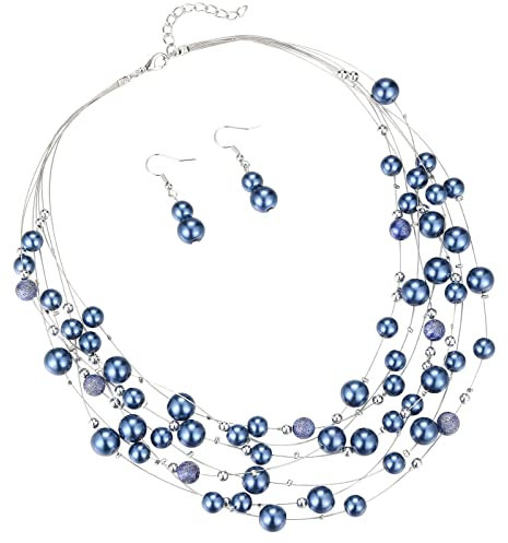 FULU AUTUMN Boho Perlenkette Damen Silber Statement Kette Mehrreihige Modeschmuck Geburtstagsgeschenk für Frauen(37-Blue)