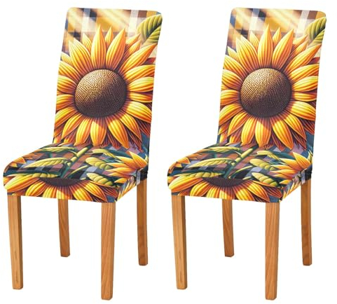 RPLIFE Stuhlhussen mit Sonnenblumen auf kariertem Muster, elastische Stuhlhussen für Esszimmer, Stuhlkissen für Esszimmerstühle