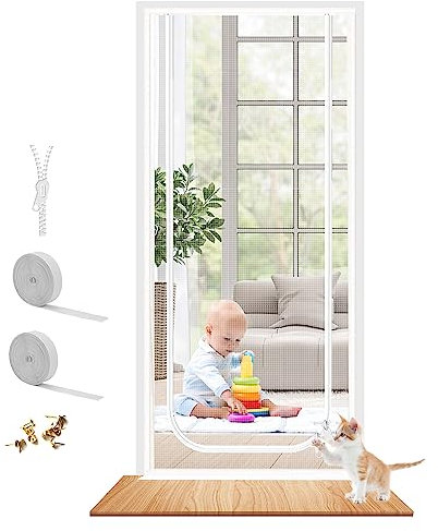 Dixutzi Reinforced Cat Screen Door Fits Door Size 36''x 82'', Heavy Duty Pets Proof Screen Door with Zipper, Prevent Dogs Cats Running Out from Home (White)