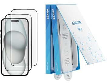 Anker Displayschutzfolie, blasen- und staubfreies HD Panzerglas, Schutzfolie für iPhone, langlebig und sturzsicher mit 9H Härte, einfache Installation, exklusiv für iPhone 15 (2er-Pack)