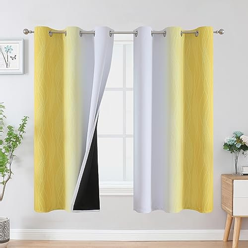 VEHEDE Farbverlauf Ombre Verdunkelung Thermovorhang Kälteschutz Curtains, Verdunklungsvorhänge Wohnzimmer Blickdichte Vorhänge mit Ösen, Raumteiler Vorhang, H 160 x B 107 cm, Gelb und Weiß, 2er Set