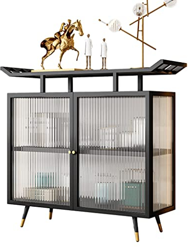 asdchZen Rock Panel Eingangsschrank, Metallrahmen Türtisch, Doppeltüren Glas Dekorativer Aufbewahrungsschrank, Eingangstisch Beistelltisch, Dekorativer Langer Koffer