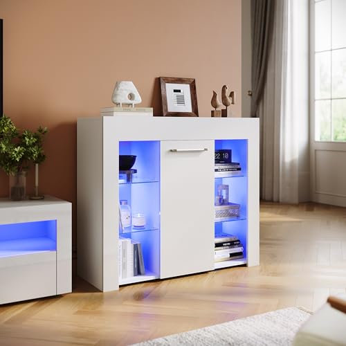 ELEGANT White High Gloss Sideboards with 16 colors LED Light Central Door Modern Display Cabinet TV Unit Furniture for Living Room, H83xW95xD35cm, Power Adapter Included