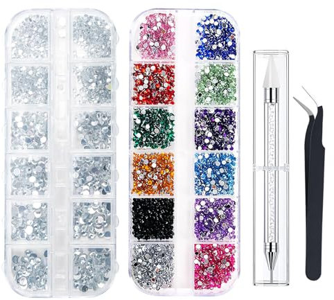 2800 PCS Rhinestones, Nail Gems Flat Back Gems AB Crystal Nail Art Rhinestones Diamante Gems with Pick Up Tweezer and Rhinestone Picker Dotting Pen for Nails Art Face Craft Clothes (3 Sizes)