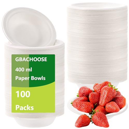 GBACHOOSE 100 Stück Suppenschalen Einweg 400ml, Suppenteller Einweg, Einweg Suppenschüssel Zuckerrohr, Einwegschalen Weisse Pappschalen, Einweggeschirr Suppenschale für Party, Hochzeit, Picknick