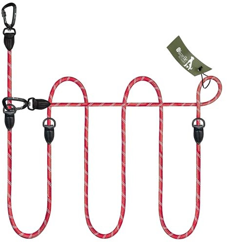 BLUZELLE Verstellbare Hundeleine 3m, Mittelgroße & Große Hunde, Freihandleine Doppelleine für 2 Hunde, 2 Starke Aluminium-Sicherheitskarabiner, Reflektierende Paracord-Leine, Farbe:Rot