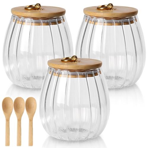 GBACHOOSE 3 Stück Vorratsdose Glas Mit Deckel 650ML, Aufbewahrungsglas mit Deckel aus Bambus, Blütenblatt Vorratsgläser Mit Holzdeckel für Kaffeebohne Nüsse Kekse
