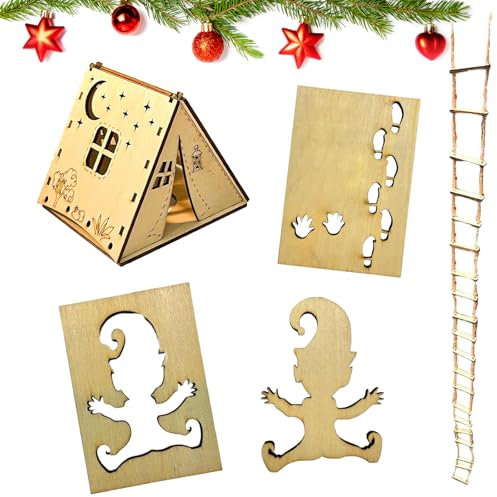 Wichtel FußAbdrüCke Schablone, Wichtel Schablone Weihnachten, GNOME Streich Strickleiter, Wichteltür Zubehör, Wiederverwendbare Holz Wichtel, Geeignet für Dekorationsböden, Fenster usw